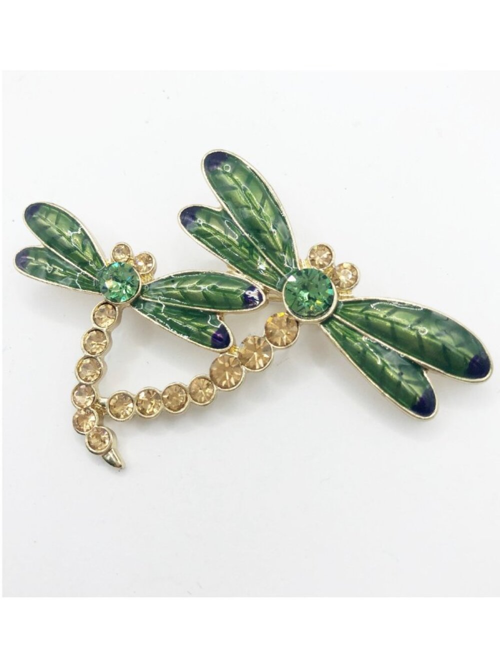 Double Dragonfly Brooch Green Enamel Rhinestone Gold Tone Pin